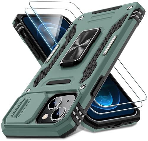 DEERLAMN Case for iPhone 15 with Slide Camera Cover + Screen Protector (2 Packs), Rotated Ring Kickstand Military Grade Shockproof Protective Cover-Green - color: Green