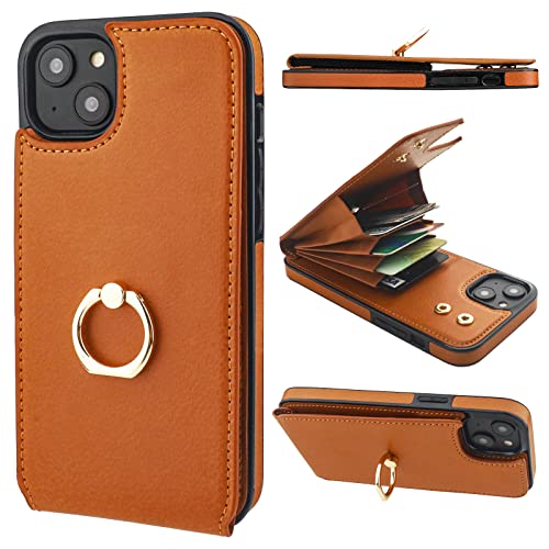 Folosu Compatible with iPhone 14 Plus Case Wallet with Card Holder, 360°Rotation Finger Ring Holder Kickstand, RFID Blocking Leather Protective Double Buttons Shockproof Cover 6.7 Inch Brown - color: Brown, size: iPhone 14 Plus