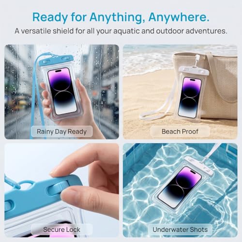 Waterproof Phone Pouch Case-[2 Pack][Easy Lock & Heavy Duty] IPX8 Water Proof Cell Phone Dry Bag for Beach,Swim Protector for iPhone 17 16 15 14 13 12 11 Pro Max Plus, Galaxy S25,7.2",White and Blue