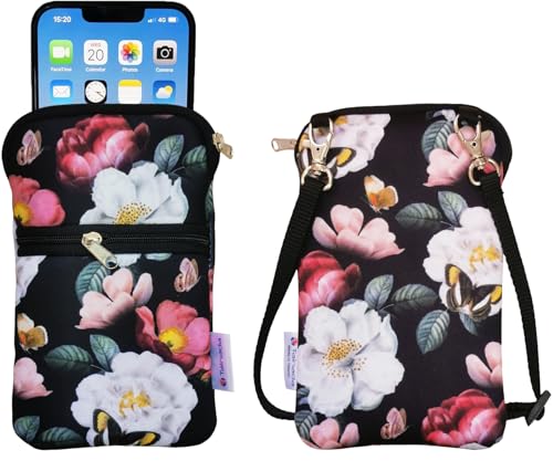 Tainada Crossbody 2-Zip Phone Case Bag w/Neck Strap (Black Floral) | For Men/Women; Water-resistant neoprene pouch, shockproof, lightweight; Compatible with most of smartphones - color: Black Floral