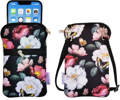 Tainada Crossbody 2-Zip Phone Case Bag w/Neck Strap (Black Floral) | For Men/Women; Water-resistant neoprene pouch, shockproof, lightweight; Compatible with most of smartphones - color: Black Floral
