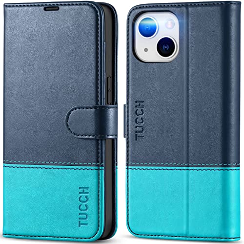 TUCCH Wallet Case for iPhone 14 6.1", 4 Card Holders, Dark Blue & Lake Blue | RFID Blocking, Viewing Stand, Shockproof TPU Shell, PU Leather, Magnetic Closure, Protective Folio Flip Cover - color: Dark Blue & Lake Blue