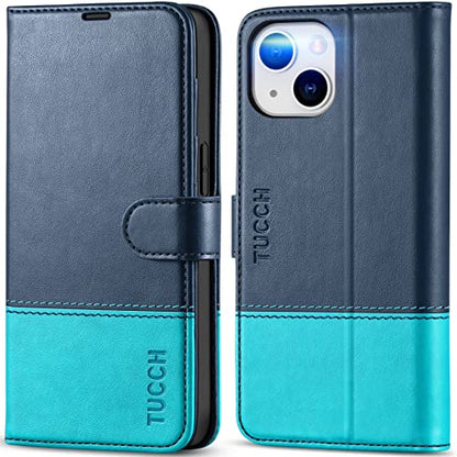 TUCCH Wallet Case for iPhone 14 6.1", 4 Card Holders, Dark Blue & Lake Blue | RFID Blocking, Viewing Stand, Shockproof TPU Shell, PU Leather, Magnetic Closure, Protective Folio Flip Cover - color: Dark Blue & Lake Blue