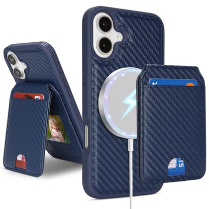 Ｈａｖａｙａ Carbon Fiber Wallet Case for iPhone 16 - Blue | Carbon fiber, detachable wallet, 5-card slots & kickstand, MagSafe 15W fast charge, raised bezels - color: Blue