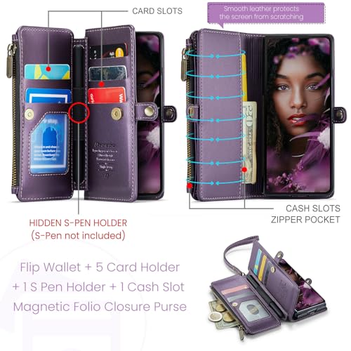 Defencase for Samsung Galaxy Z Fold 6 Wallet Case with Card Holder, Purple | Durable Soft PU Leather, RFID Blcking Zipper Pocket, with S-Pen Holder & Strap, Flip Phone Cases with Stand for Women Men - color: Aesthetic Purple