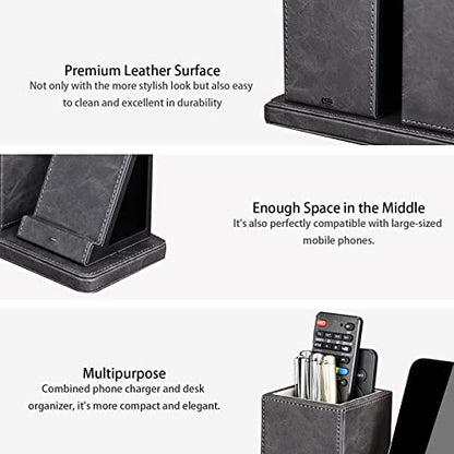 Wireless Charger with Desk Organizer, Wireless Charging Station for iPhone 13/13 Pro Max/13 Pro/12 Series/11/XS Max/XR/X/8Plus/SE 2, Wireless Charging Stand with Leather… (Gray) - color: Gray