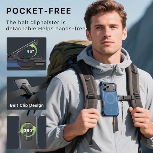 M MYBAT PRO for iPhone 17 Pro Case with Belt Clip Holster,[Compatible with Magsafe] w/Screen Protector,Anti-Drop,Shockproof,w 360°Rotating Kickstand,Heavy Duty Protection (Blue) - color: Blue