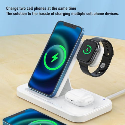 Wireless Charging Stand, 15W Fast Charger 3 in 1 Charging Station for Smartphone Smartwatch Earbuds, Foldable Wireless Charger for Android