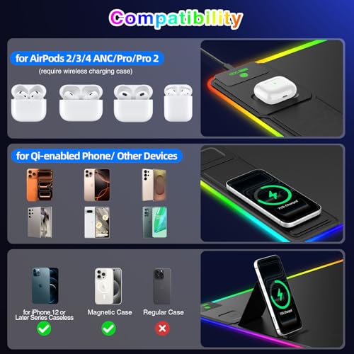 XXL RGB LED Gaming Mouse Pad with Magnetic Wireless Charger & Foldable Phone Holder, 31.5"x15.8" Extended Ultra-Smooth Desk Mat, 25 Lighting Effects, Non-Slip Base, Includes 20W PD Adapter - color: RGB-Magnetic Stand-31.5"x15.8"-Adapter