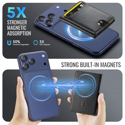 Strapurs Strong Magnetic Wallet Card Holder for MagSafe Phones and Cases, Slim PU Leather Detachable Phone Wallet with 6 Card Slots RFID Blocking for iPhone 17/16/15/14/13/12/Pro/Max/Plus – Black - color: Black