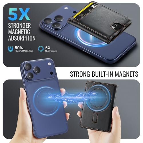 Strapurs Strong Magnetic Wallet Card Holder for MagSafe Phones and Cases, Slim PU Leather Detachable Phone Wallet with 6 Card Slots RFID Blocking for iPhone 17/16/15/14/13/12/Pro/Max/Plus – Black - color: Black