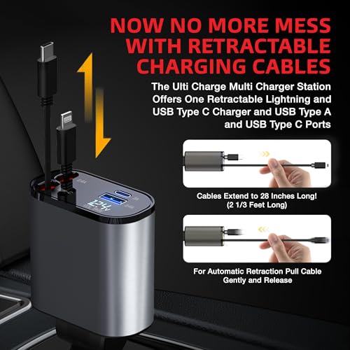 Ulti Charge iPhone Car Charger USB C Fast Charge Retractable 120W 4-Port - size: Retractable Lightning & USBC