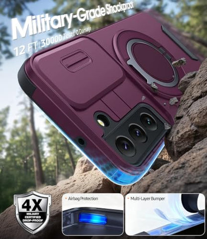 JAME for Samsung Galaxy S22 Case with Ring Stand & Slide Camera Cover - color: Dark Cherry, size: Galaxy S22