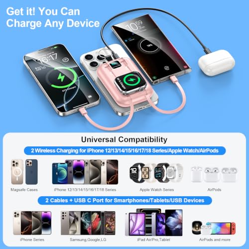 Magnetic Portable Charger 10000mAh Wireless Power Bank with Built-in Cables - color: pink