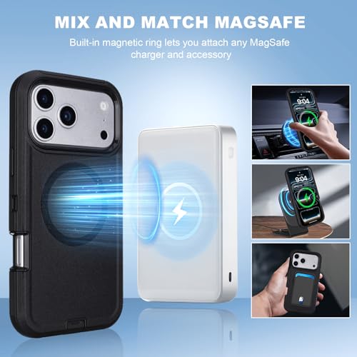 Defender for iPhone 17 Pro Max Magnetic Case with Belt Clip Holster, Black | Compatible with MagSafe, Heavy Duty Drop Protection, Rugged Durable Protective Case for iPhone 17 Pro Max with Kickstand - color: Black