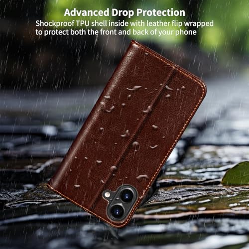 Belemay Leather Wallet Case Compatible with iPhone 17, Premium Cowhide Leather Two-Tone Effect, RFID Blocking Card Holders, Shockproof TPU Shell, Kickstand, Protective Flip Cover, 6.3", Brown - color: Brown, size: iPhone 17
