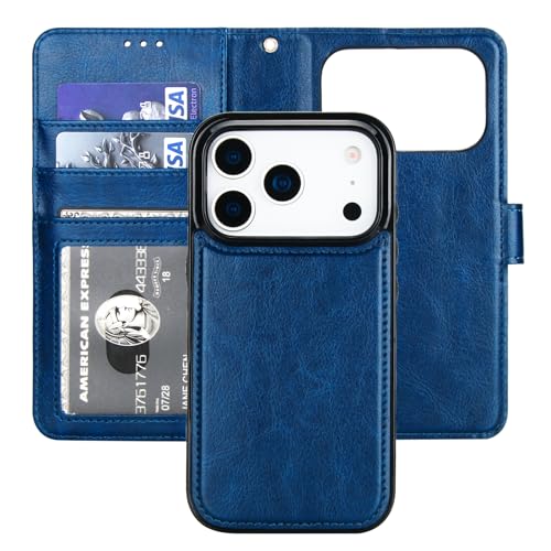 Bocasal Detachable Wallet Case Card Holder for iPhone 17 Pro, Blue | RFID Blocking Kickstand Card Slots Holder PU Leather Magnetic Shockproof Wrist Strap Removable Flip Protective Cover 6.3 inch - color: Blue