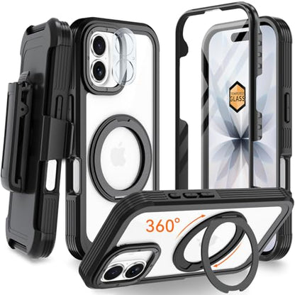 Magnetic for iPhone 17 Case, Compatible with MagSafe, Full Body Rugged Case with Built-in Screen Protector & Kickstand & Belt-Clip (Black) - color: Black