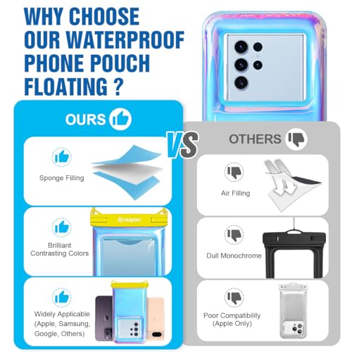 Rynapac Waterproof Phone Pouch Floating [Up to 8.5''], 2 Pack IPX8 Dry Bag | Touchscreen & Underwater Photography, Adjustable Lanyard, for iPhone 17 16 15 14 Pro Max, Gglaxy S25, Beach Cruise Essentials - color: Iridescent, size: Regular Size [8.5inch]