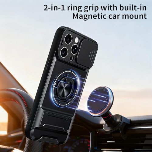 Dssairo for iPhone 15 Pro Max case with 360°Rotation Magnetic Ring Compatible with MagSafe Slide Camera Cover Foldable Stand Military-Grade Shockproof Protective case (Black, iPhone 15 Pro Max) - color: Black, size: iPhone 15 Pro Max