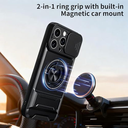 Dssairo for iPhone 15 Pro Max case with 360°Rotation Magnetic Ring Compatible with MagSafe Slide Camera Cover Foldable Stand Military-Grade Shockproof Protective case (Black, iPhone 15 Pro Max) - color: Black, size: iPhone 15 Pro Max