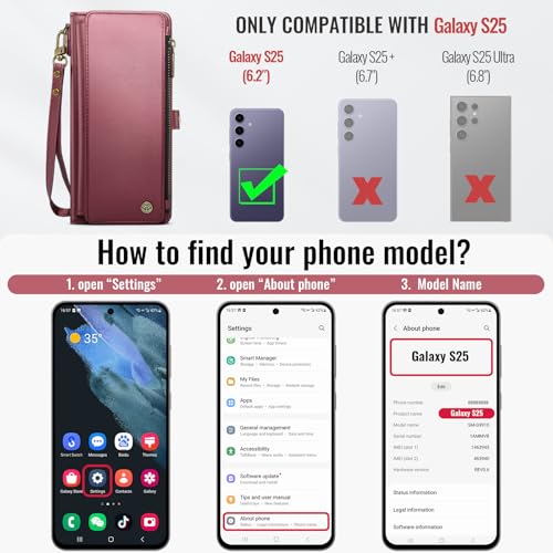 Defencase for Samsung Galaxy S25 Wallet Case with RFID Card Holder, WineRed | Durable Soft PU Leather, with Zipper Pocket, Wrist Strap, Fashion Snap Flip S25 Phone Cases Cover with Stand for Women Men - color: Wine Red