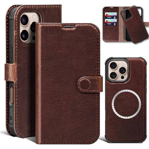 Genuine Leather Wallet Case for iPhone 15 Pro Max, Dark Brown | Magnetic Detachable, 2-in-1 Flip Folio, RFID Blocking, Wireless Charging - color: Dark Brown, size: 15 Pro Max 6.7‘’