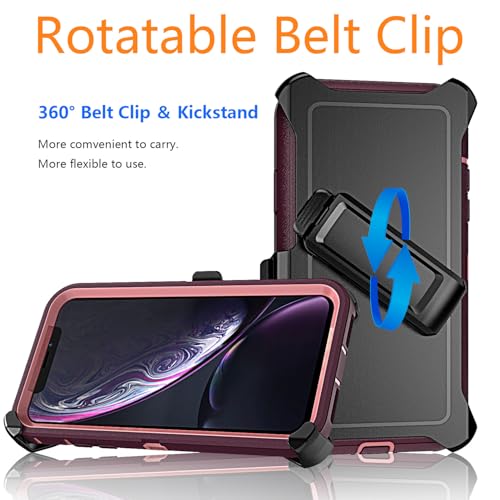 YmhxcY for iPhone XR Case, 3-Layer Full Body Protection Shockproof Drop-Proof Heavy Duty Phone Case with Belt Clip Kickstand for iPhone XR 6.1"-Wine/Pink - color: BJ-Wine/Pink