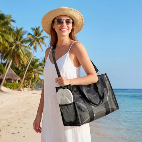 3-Piece Iridescent Beach Bag Set for Women, Large PVC Pool Bag Set | Includes Summer Beach Tote, Cosmetic Bag and Touchscreen Phone Pouch for Pool, Travel and Vacation - color: Black