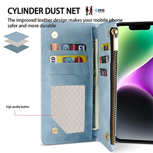 ZZXX iPhone 14 Case Wallet with [RFID Blocking] Card Slot Premium Soft PU Leather Zipper Flip Folio with Wrist Strap Kickstand Protective Phone Cover for iPhone 14 Wallet Case(Light Blue-6.1 inch) - color: Light Blue, size: iPhone 14