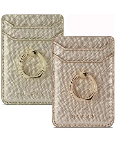 2Pcs RFID Leather Card Holder for Phone, Stick-On Wallet with Ring | Phone Wallet Stick On Back Of Phone Case. Adhesive For iPhone Wallet Holds Credit Cards/ID/Pockets. Viewing Freely Ring Stand - color: Rose/Gold