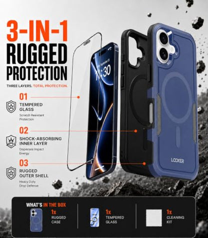 LOOXER® Heavy Duty Rugged Magnetic Case for iPhone 17 (6.3”) | Military Grade Shockproof Protection,MagSafe Compatible+ Tempered Glass Included (Blue, 17) - color: Blue, size: 17
