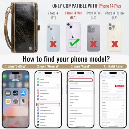 Defencase for iPhone 14 Plus Wallet Case with RFID Card Holder, Coffee | Durable Soft PU Leather, with Zipper Pocket, Wrist Strap, Fashion Snap Flip Phone Cases Cover with Stand for Women and Men - color: Coffee