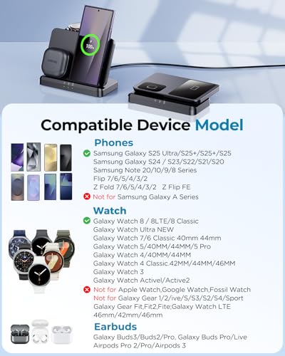 3 in 1 Wireless Charging Station for Galaxy S26 Ultra S25 S24, Z Fold Flip 7/6, Detachable Watch Charger for Galaxy Ultra 8/7/6, Foldable, Fast Charging, No Adapter - color: Samsung Black