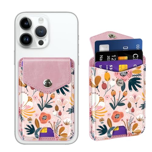 Self Adhesive Card Holders for Back of Phone, Premium Leather RFID Phone Wallet Pockets with Snap, Card Holders Sleeve for Phone Case, Pink Flower - color: Pink Flower