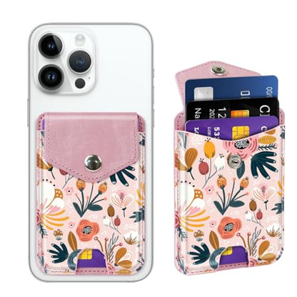 Self Adhesive Card Holders for Back of Phone, Premium Leather RFID Phone Wallet Pockets with Snap, Card Holders Sleeve for Phone Case, Pink Flower - color: Pink Flower
