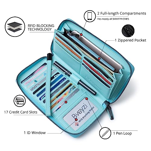 Bveyzi Women RFID Blocking Wallet Leather Zip Around Phone Clutch Large Capacity Ladies Travel Purse Wristlet - color: Light Blue