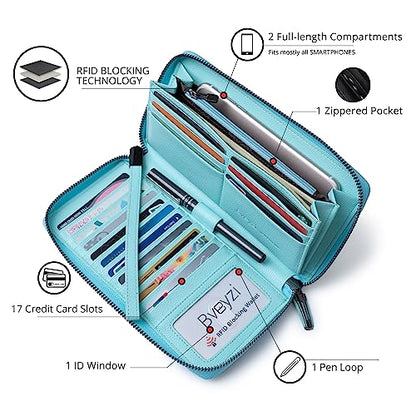 Bveyzi Women RFID Blocking Wallet Leather Zip Around Phone Clutch Large Capacity Ladies Travel Purse Wristlet - color: Light Blue