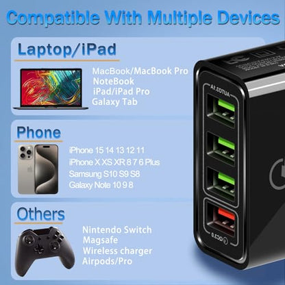 USB Charger 40W QC3.0 USB Wall Charger, 5V/3.1A 4 Port Fast Charger Block - color: (4*USB)Black
