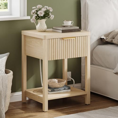 Night Stand Set 1, Fluted Wood Bedside Table w/Socket Station for Bedroom - color: Natural Oak, size: 1 Drawer-Set of 1 Nightstand