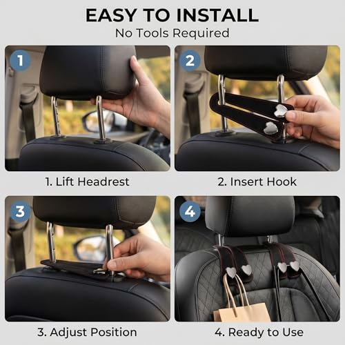 2 PCS Car Seat Headrest Hook, Suede Heart Shape Metal Double Hook, Foldable Car Purse Hook with Phone Holder, Universal for Most Cars, Trucks, SUVs (Black) 中文：