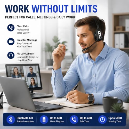 Bytewaveshop Trucker Bluetooth Headset with Mic, 55H Talk Time Wireless Headset, 99% Noise Cancelling Headphones with 270° Adjustable Mic, Bluetooth 6.0, Dual Device for Truck Drivers, Calls, Driving - color: Silver