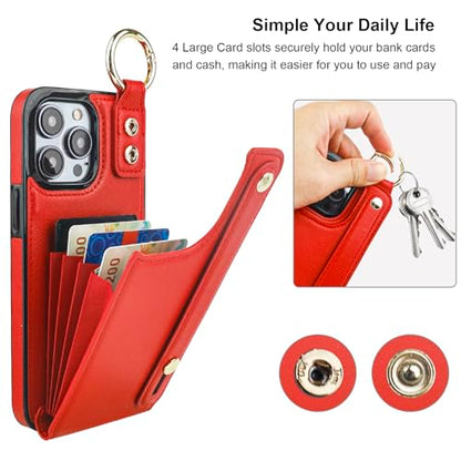 Folosu for iPhone 15 Pro Max Wallet Case with Card Holder, Hand Wrist Strap Loop Holder Kickstand, RFID Blocking Finger Grip Ring PU Leather Double Buttons Shockproof Cover 6.7" Red - color: Red