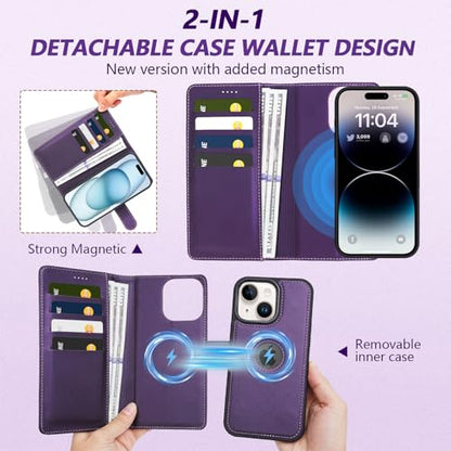2 in 1 PU Leather for iPhone 15 Case, Detachable Wallet Case with Card Holder, Removable Flip Folio Cover with RFID Blocking, Stand Shockproof Phone Cover（Compatible with MagSafe） Purple - color: Purple, size: Iphone 15