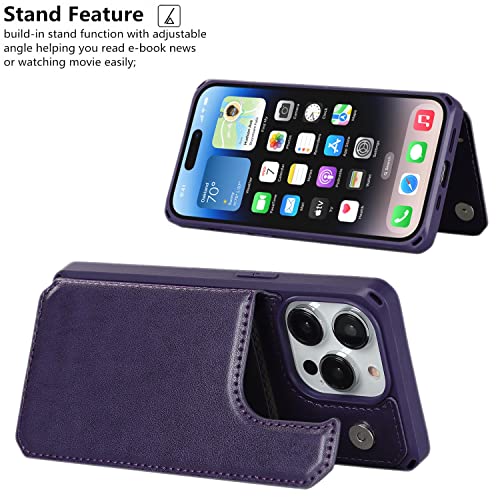 iCoverCase Compatible with iPhone 14 Pro Wallet Phone Case with Card Holder for Women, RFID Blocking Embossed PU Leather Wrist Strap Case 6.1 Inch (Macaron Dark Purple) - color: P-Dark Purple