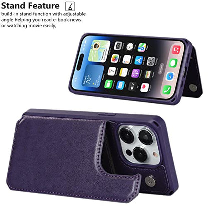 iCoverCase Compatible with iPhone 14 Pro Wallet Phone Case with Card Holder for Women, RFID Blocking Embossed PU Leather Wrist Strap Case 6.1 Inch (Macaron Dark Purple) - color: P-Dark Purple