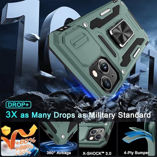 DEERLAMN Case for iPhone 15 with Slide Camera Cover + Screen Protector (2 Packs), Rotated Ring Kickstand Military Grade Shockproof Protective Cover-Green - color: Green