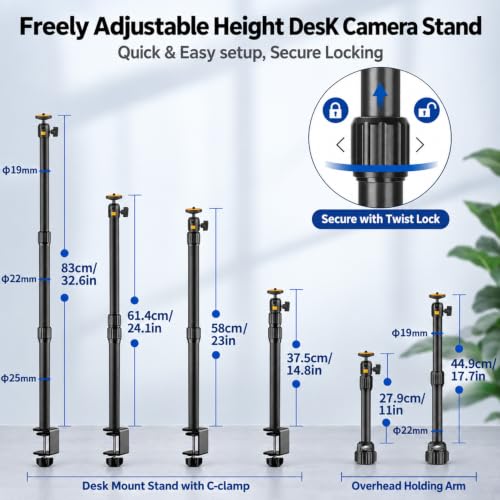 Camera Desk Mount Table Stand with Magic Arm and 1/4" Ball Head, Phone Desk Mount, Overhead Webcam Mount, Adjustable Light Stand Tabletop C Clamp for DSLR Ring Light Live Streaming Photo Video - color: OS03
