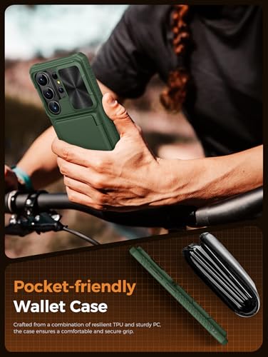 Vihibii for Samsung Galaxy S26 Ultra Case with 2X Screen Protector, Green | Card Holder (4 Cards), 9H Hardness, RFID Blocking, Slide Camera Cover, Military-Grade Drop Protection Wallet Case, Green - color: Green-SP