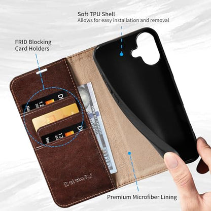 Belemay Compatible with iPhone 16 Case Wallet, Durable Genuine Leather, RFID Blocking Card Holders, Shockproof TPU Shell, Kickstand, Drop Protection, Protective Flip Cover 6.1", Brown - color: Brown, size: iPhone 16